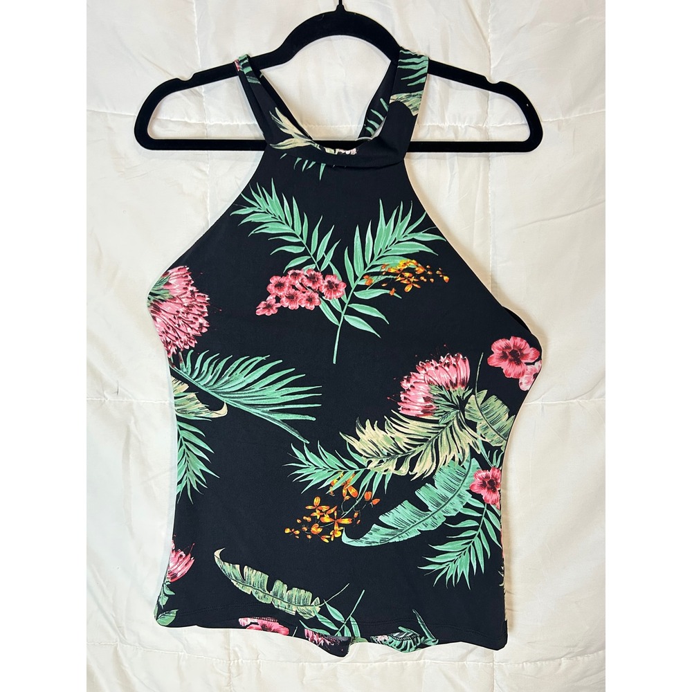 VeronicaM Tropical Floral Halter‎ Tank Top Women's Size S Black Pink Green